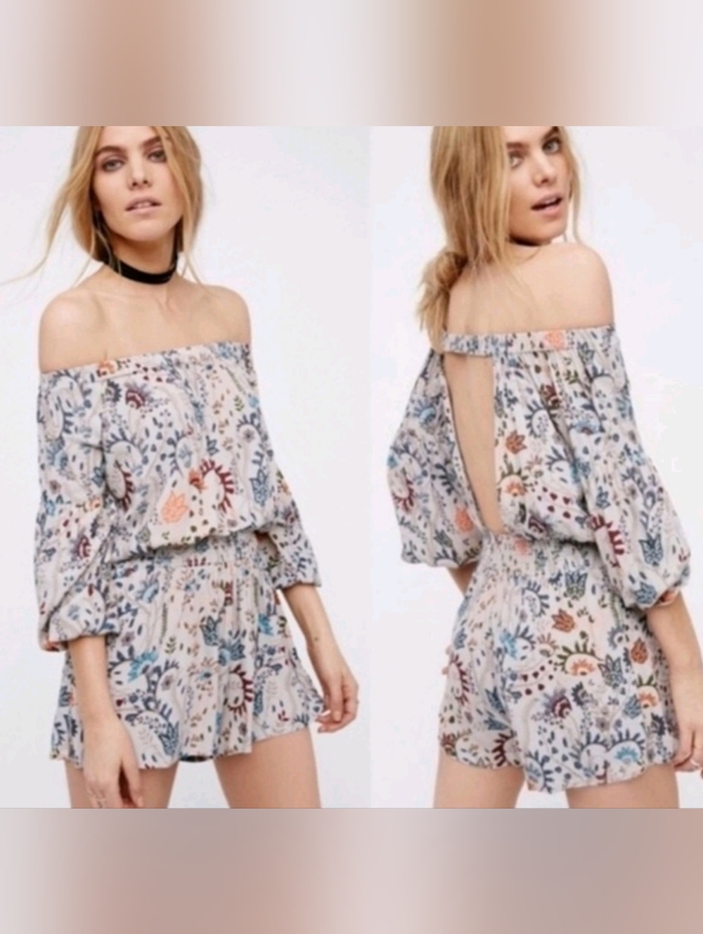 Free People Pretty & Free Grey Floral Long Sleeve Off Shoulder Romper Sm